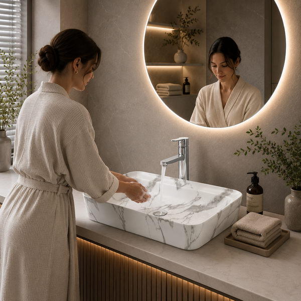 Luxury Matt Marble Countertop Wash Basin | Designer Rectangular Table Top Basin |  (30" × 16" × 6" IN) White