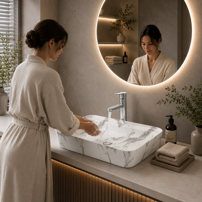Luxury Matt Marble Countertop Wash Basin | Designer Rectangular Table Top Basin |  (30" × 16" × 6" IN) White