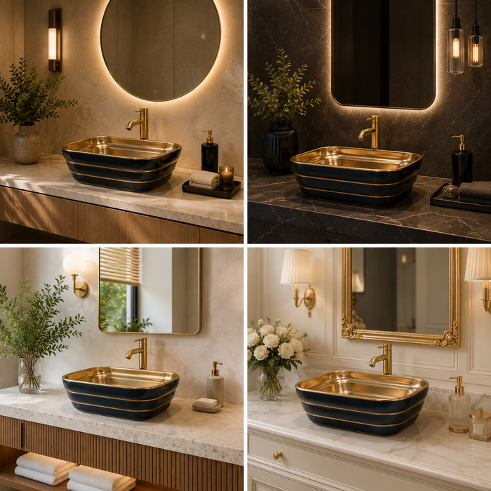 Luxury Rectangular Table Top Wash Basin | Matte Black & Gold Designer Finish (20″ × 15″ × 6″ IN)