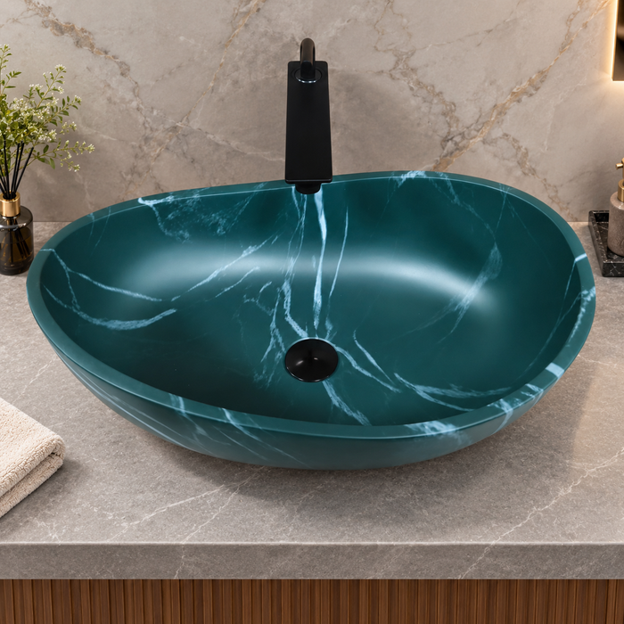 600x380x200 mm deep green artificial stone table top wash basin with matte finish, white marble-style veining and sculpted oval design for modern luxury bathrooms.