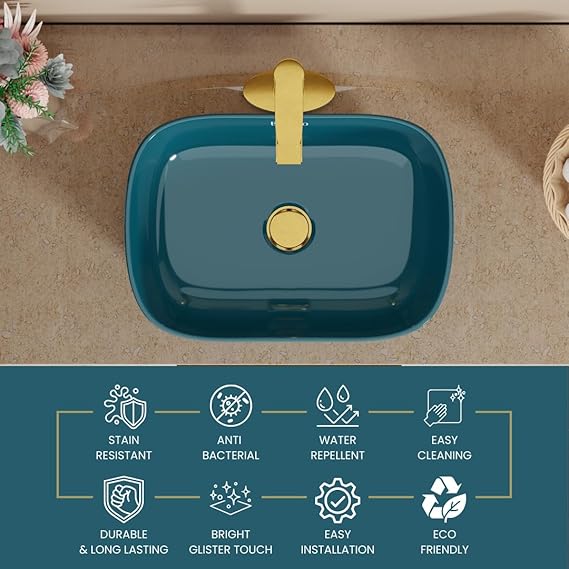 Modern Teal Blue Ceramic Table Top Wash Basin (18x13x5.5 In) BTT-11399-IN