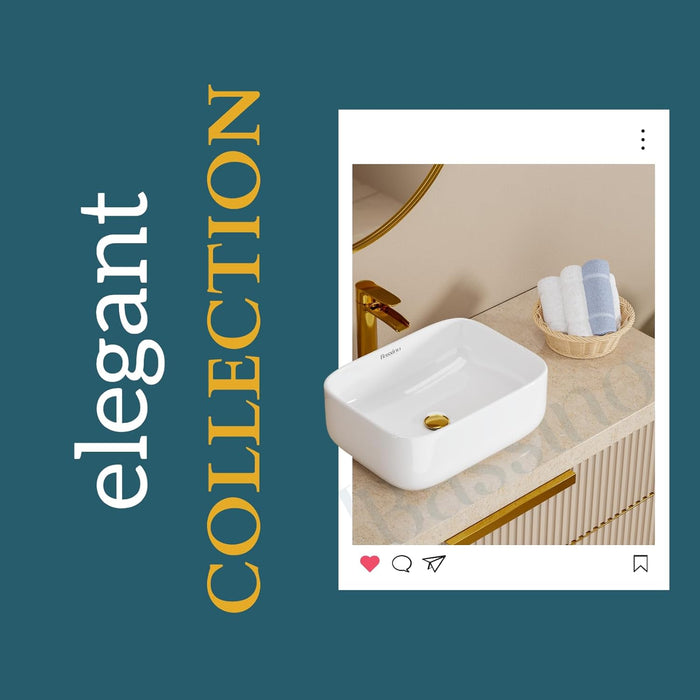 Premium Ceramic Table Top Wash Basin, White Glossy Rectangular Contemporary Design (16x12x6 Inch) BTT-W57