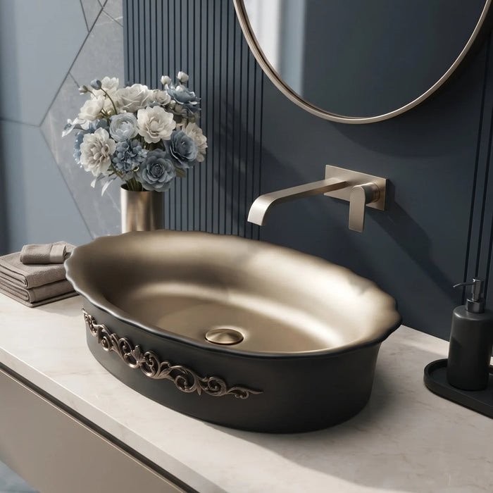 Black and champagne gold royal floral oval table top wash basin 580x370x150 mm featuring matte black exterior, metallic gold interior, antique gold ornamental scrollwork and scalloped rim for luxury bathroom countertops.
