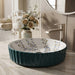 Teal green floral design round ceramic table top wash basin 400x400x120 mm featuring glossy ribbed exterior, white interior with elegant blue and olive botanical leaf patterns, luxury designer countertop bathroom sink.