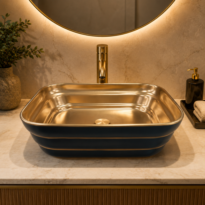 Luxury Rectangular Table Top Wash Basin | Matte Black & Gold Designer Finish (20″ × 15″ × 6″ IN)