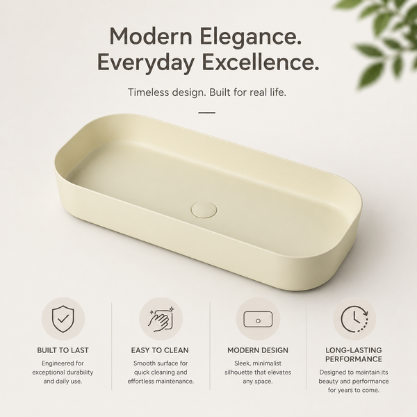 Bassino Modern Melamine Wash Basin | Stylish Countertop Wash Basin for Bathroom–32x14x5 INCH Beige