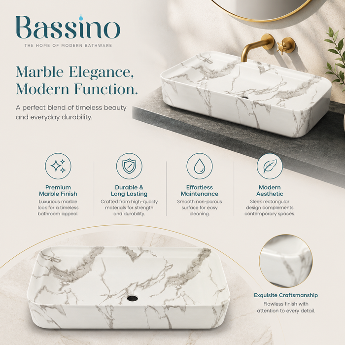 Luxury Matt Marble Countertop Wash Basin | Designer Rectangular Table Top Basin |  (30" × 16" × 6" IN) White