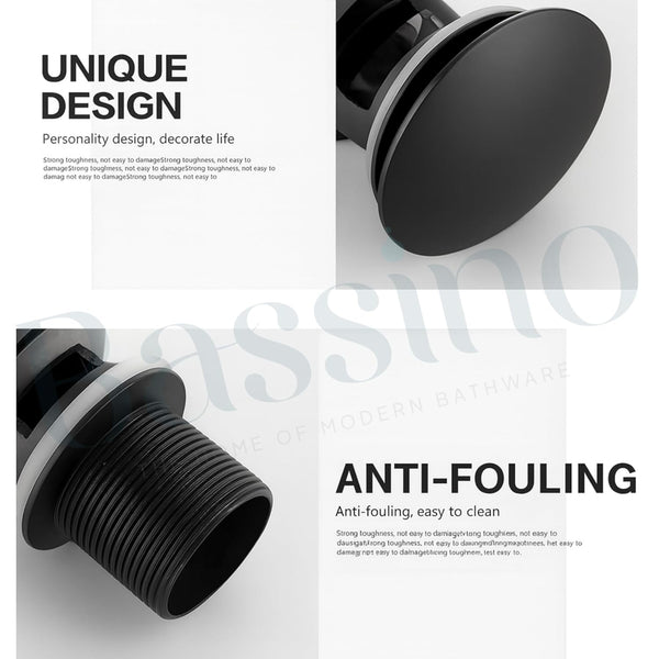 Bassino 6" Heavy-Duty Brass Rust-Proof Pop-Up for Basin | Black glossy Waste Coupling 32mm (6 Inch) Drain Coupling