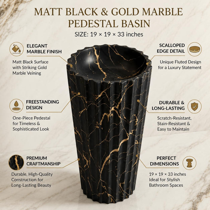 Designer Freestanding Matte Ceramic Pedestal Wash Basin – 18× 18 × 33 Inch Black & Gold Marble Pattern