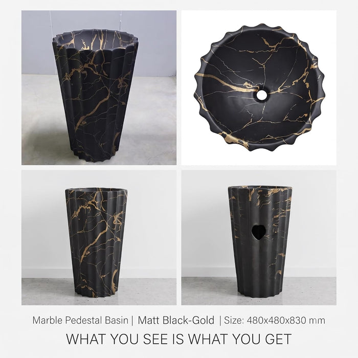 Designer Freestanding Matte Ceramic Pedestal Wash Basin – 18× 18 × 33 Inch Black & Gold Marble Pattern
