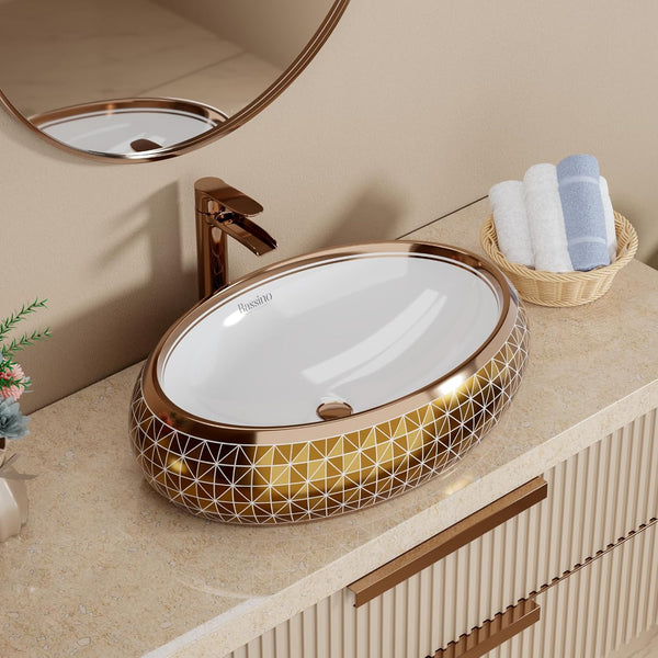 Luxury Art Decorative Tabletop Basin (Glossy Rose Gold, 24x16x6 Inch) BTT-1515