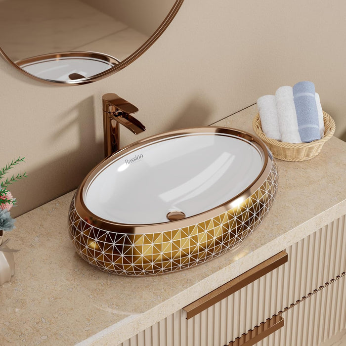 Luxury Art Decorative Tabletop Basin (Glossy Rose Gold, 24x16x6 Inch) BTT-1515