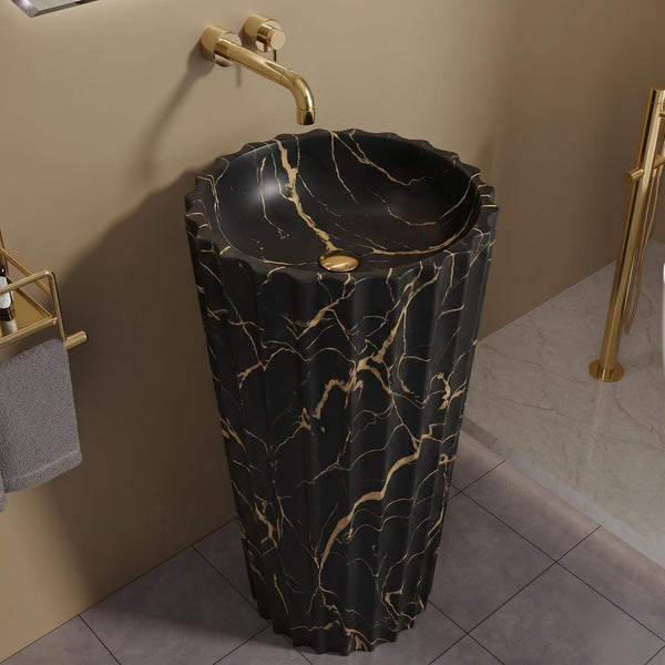 Designer Freestanding Matte Ceramic Pedestal Wash Basin – 18× 18 × 33 Inch Black & Gold Marble Pattern