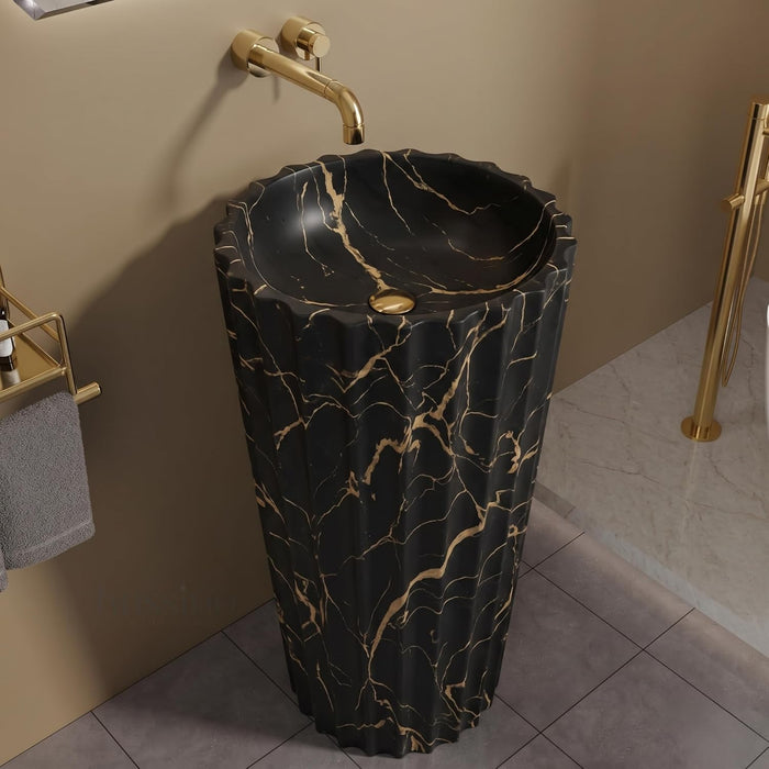Designer Freestanding Matte Ceramic Pedestal Wash Basin – 18× 18 × 33 Inch Black & Gold Marble Pattern