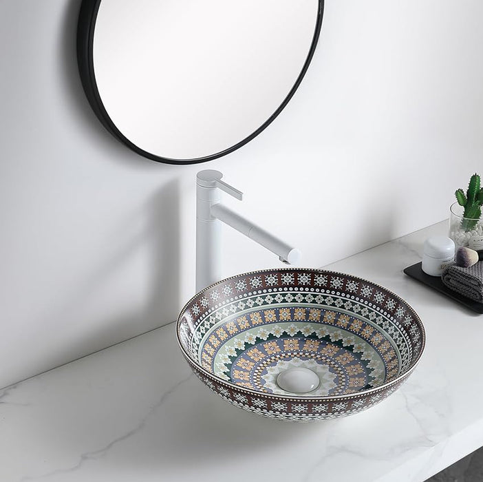 Designer Round Ceramic Countertop Basin Traditional Multicolor Pattern (16 x 16 x5 In- AB676)