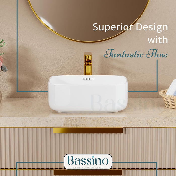 Premium Ceramic Table Top Wash Basin, White Glossy Rectangular Contemporary Design (16x12x6 Inch) BTT-W57