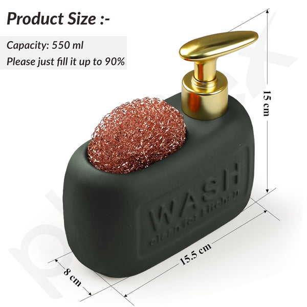 Ceramic Kitchen Liquid Soap Dispenser with Scrubber – Premium Sink Dishwashing Holder Black