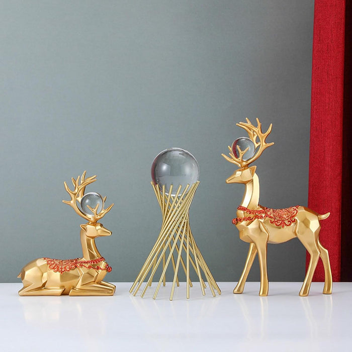 Golden Reindeer Decor Set with Crystal Ball Centerpiece – Luxury Festive & Home Tabletop Decoration (Set of 3)