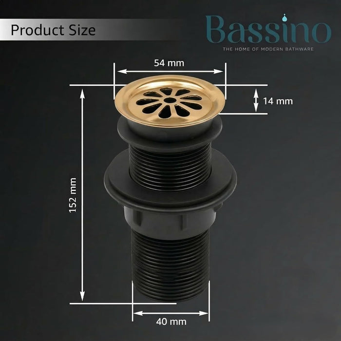 BASSINO 6 Inch Basin Waste Coupling Nylon Thread Body with Brass Jali Head/Heavy Duty Bathroom Sink Drain for Wash Basin Universal Fit Drain(Gold)