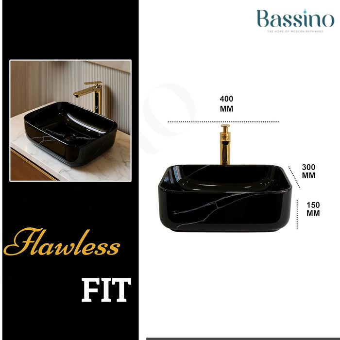 Premium Ceramic Table Top Wash Basin, Black Marble Glossy (16 × 12 × 5.5 In) BTT-660-IN