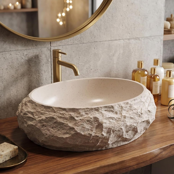 Designer Countertop Wash Basin – Matt Artificial Stone Basin | 20×14.8×6 Inch Beige