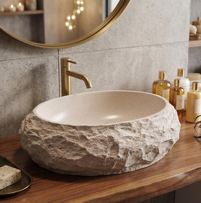 Designer Countertop Wash Basin – Matt Artificial Stone Basin | 20×14.8×6 Inch Beige