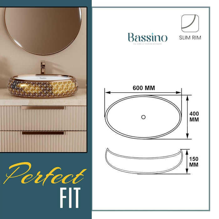 Luxury Art Decorative Tabletop Basin (Glossy Rose Gold, 24x16x6 Inch) BTT-1515
