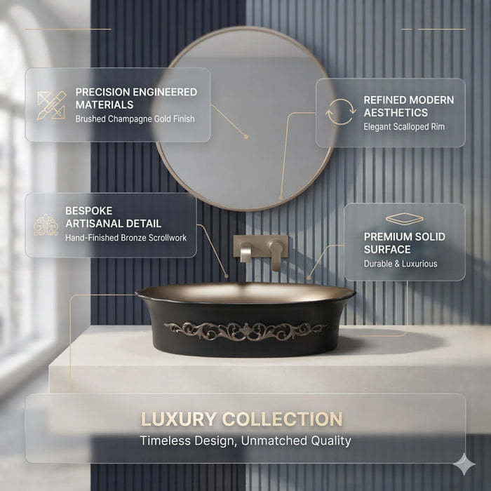 Black and champagne gold royal floral oval table top wash basin 580x370x150 mm featuring matte black exterior, metallic gold interior, antique gold ornamental scrollwork and scalloped rim for luxury bathroom countertops.