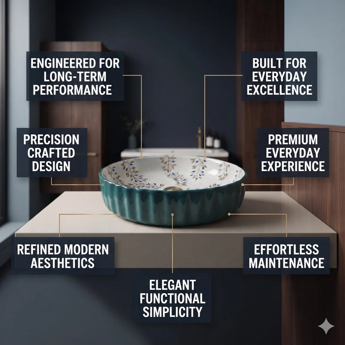 Teal green floral design round ceramic table top wash basin 400x400x120 mm featuring glossy ribbed exterior, white interior with elegant blue and olive botanical leaf patterns, luxury designer countertop bathroom sink.
