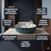 Teal green floral design round ceramic table top wash basin 400x400x120 mm featuring glossy ribbed exterior, white interior with elegant blue and olive botanical leaf patterns, luxury designer countertop bathroom sink.