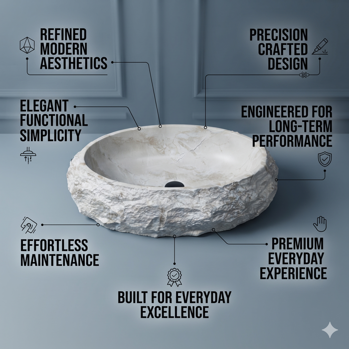White artificial stone oval table top wash basin 600x400x150 mm with natural rough rock textured exterior, smooth marble-inspired interior and subtle beige veining, luxury designer countertop bathroom sink for modern bathrooms.