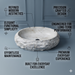 White artificial stone oval table top wash basin 600x400x150 mm with natural rough rock textured exterior, smooth marble-inspired interior and subtle beige veining, luxury designer countertop bathroom sink for modern bathrooms.
