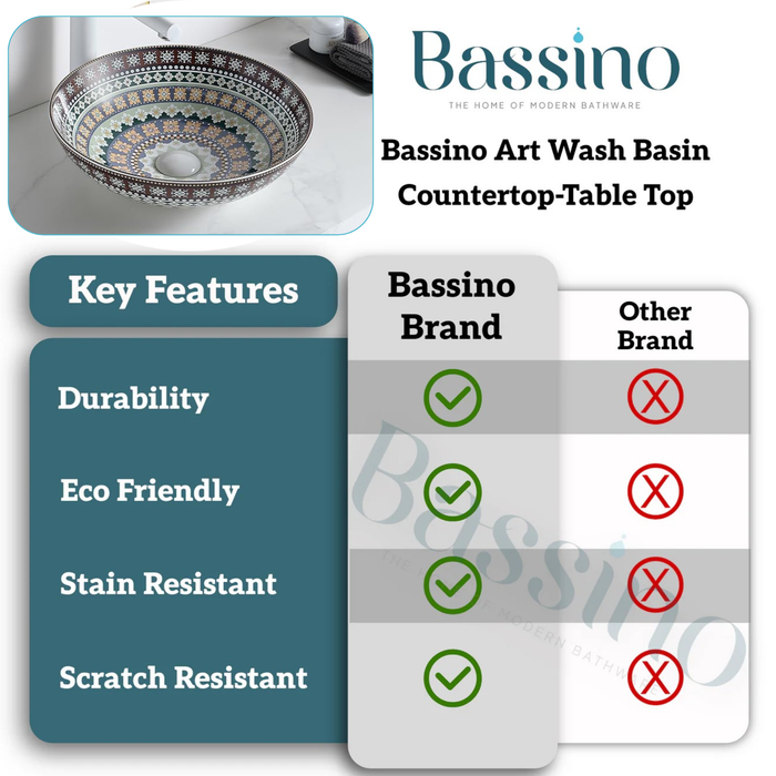 Designer Round Ceramic Countertop Basin Traditional Multicolor Pattern (16 x 16 x5 In- AB676)