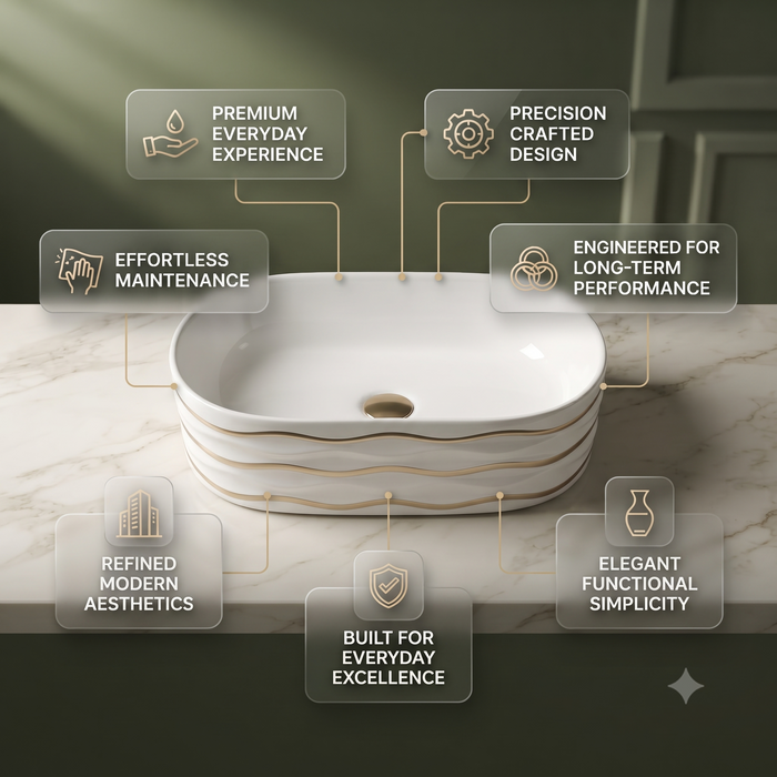 White Ceramic Table Top Wash Basin with Gold Wave Design – Glossy Oval Designer Countertop Basin for Modern Bathrooms | 20x12x6 Inch
