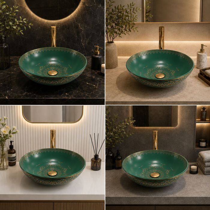 Designer Round Ceramic Countertop Basin (Matt Green With Golden Pattern –  16 x 16 x5 In- AB678)