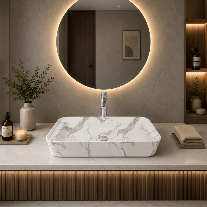 Luxury Matt Marble Countertop Wash Basin | Designer Rectangular Table Top Basin |  (30" × 16" × 6" IN) White