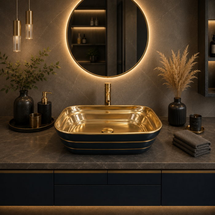 Luxury Rectangular Table Top Wash Basin | Matte Black & Gold Designer Finish (20″ × 15″ × 6″ IN)