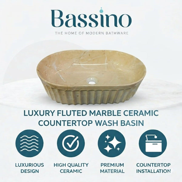 Designer Table-Top Basin | Gloss Marble Ceramic Basin | 22x14.2x6 inch | Beige Marble