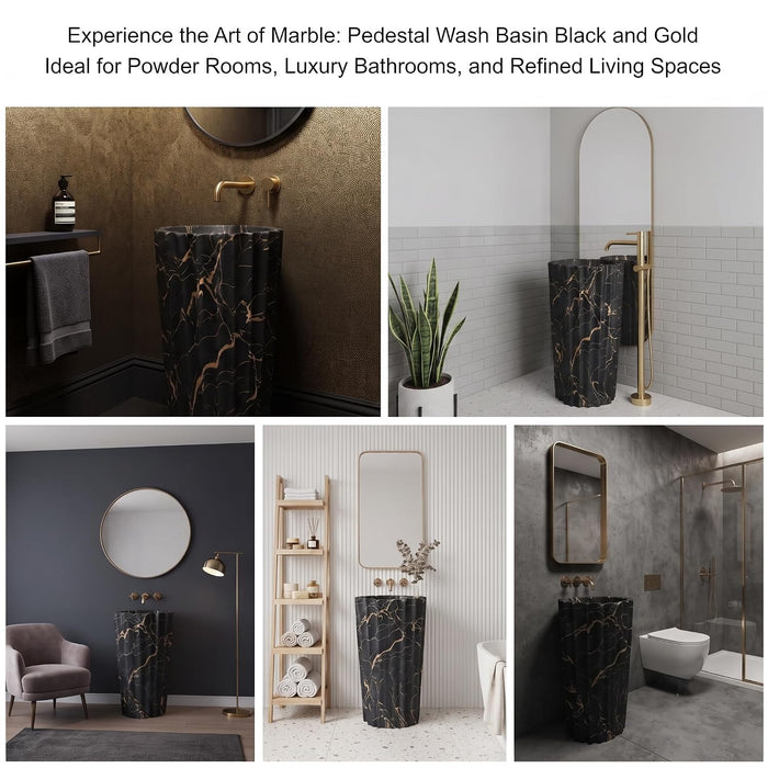 Designer Freestanding Matte Ceramic Pedestal Wash Basin – 18× 18 × 33 Inch Black & Gold Marble Pattern