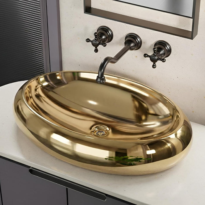 Premium Oval Gold Ceramic Table Top Basin (24x16x6 In) BTT-11546