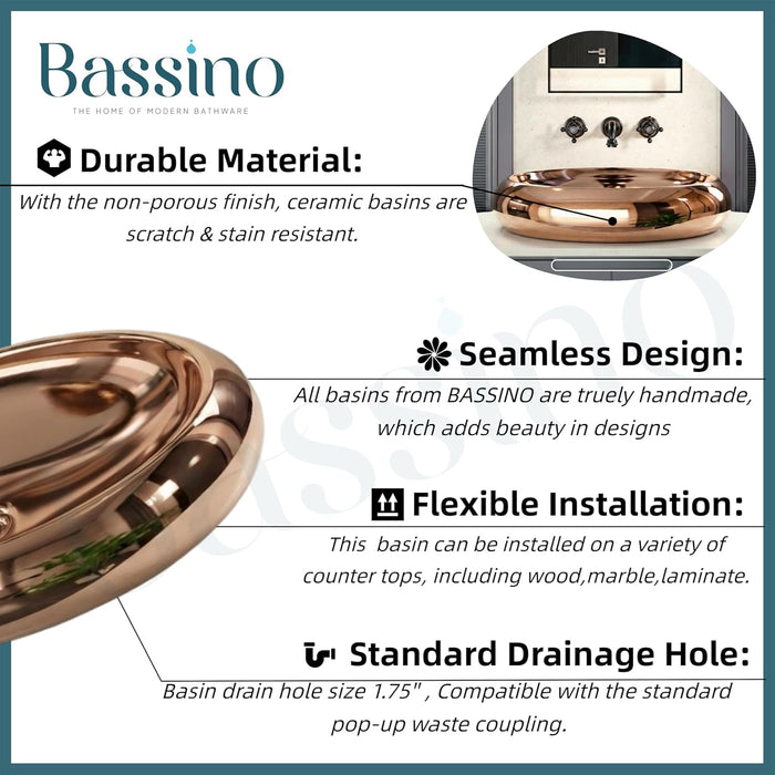 Premium Oval Rosegold Ceramic Table Top Basin (24x16x6 In) BTT-11545