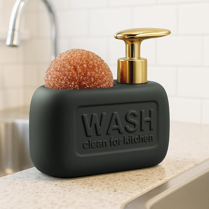 Ceramic Kitchen Liquid Soap Dispenser with Scrubber – Premium Sink Dishwashing Holder Black