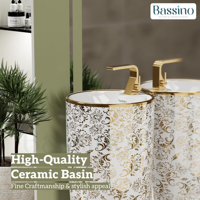 Premium Ceramic Pedestal Wash Basin, White Glossy (15 × 15 × 34 In) BPB-788