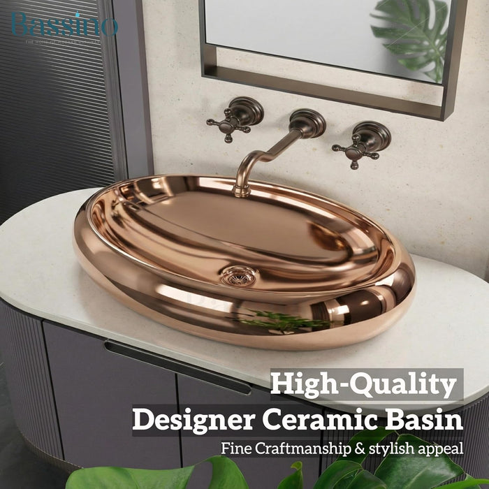 Premium Oval Rosegold Ceramic Table Top Basin (24x16x6 In) BTT-11545