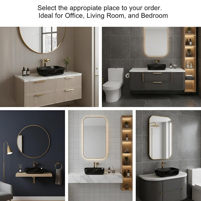 Premium Ceramic Table Top Wash Basin, Black Marble Glossy (16 × 12 × 5.5 In) BTT-660-IN