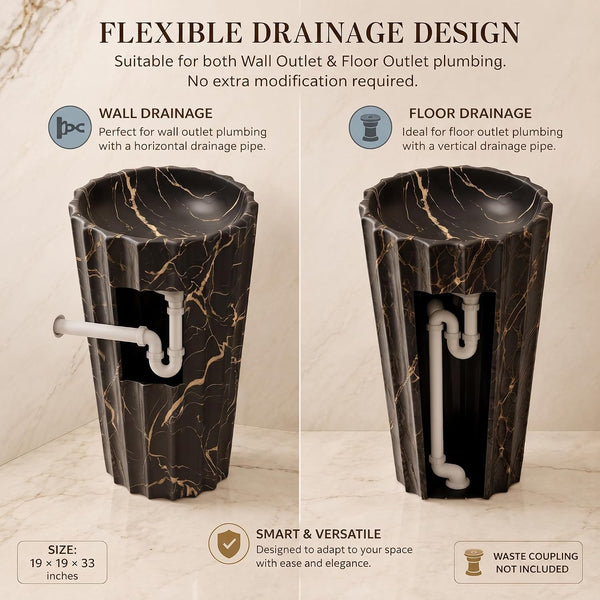 Designer Freestanding Matte Ceramic Pedestal Wash Basin – 18× 18 × 33 Inch Black & Gold Marble Pattern