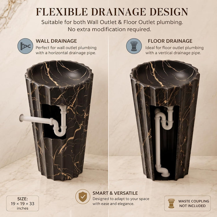 Designer Freestanding Matte Ceramic Pedestal Wash Basin – 18× 18 × 33 Inch Black & Gold Marble Pattern