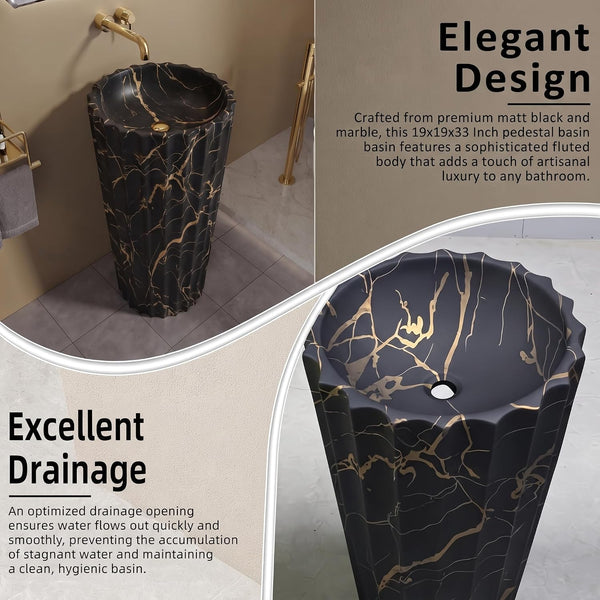 Designer Freestanding Matte Ceramic Pedestal Wash Basin – 18× 18 × 33 Inch Black & Gold Marble Pattern