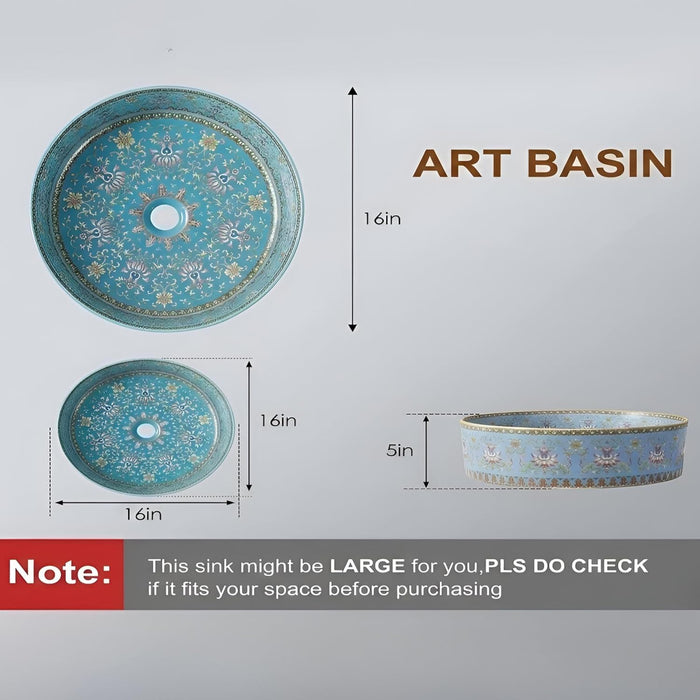 Designer Round Ceramic Wash Basin (Glossy Blue with Moroccan Art Design 16 x 16 x 5 In- AB604) Blue
