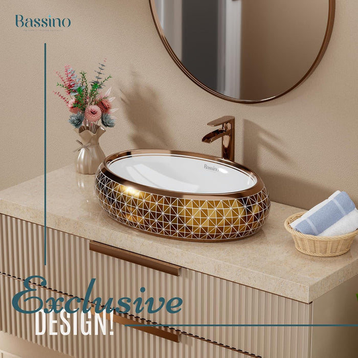 Luxury Art Decorative Tabletop Basin (Glossy Rose Gold, 24x16x6 Inch) BTT-1515